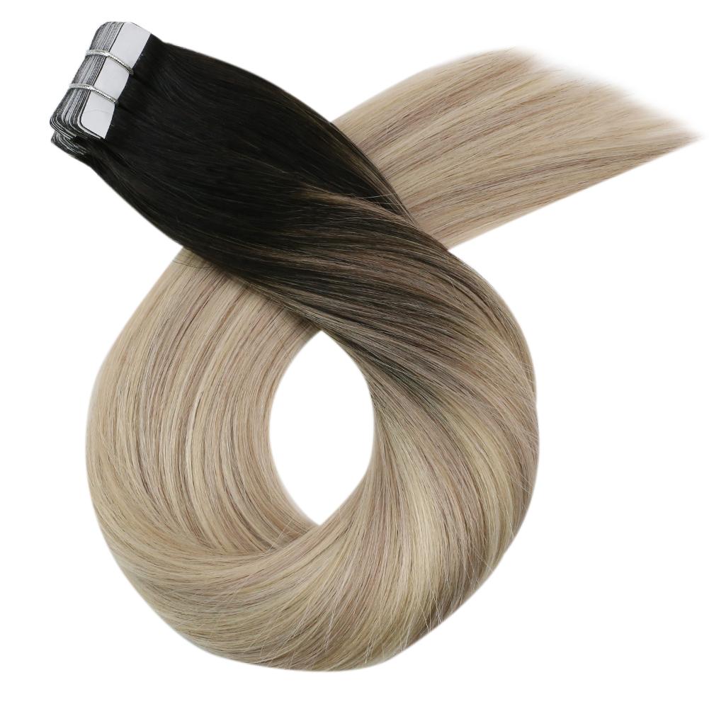 Moresoo Human Hair Extensions Tape in Invisible Balayage Hair Extensions 50G Machine Remy Straight Tape in Natural Straight Hair