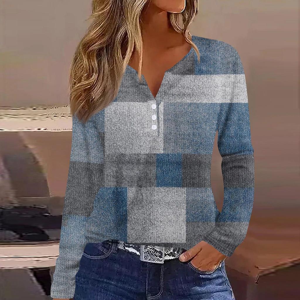 Женская футболка с принтом на пуговицах, длинный рукав, вязаный свитер, повседневный, модный, на выходные, базовый, с V-образным вырезом, обычный топ