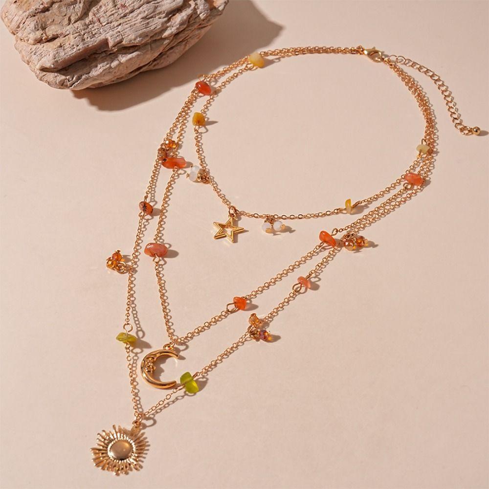 Bead Clavicle Chain Women Sun Moon Star Bowknot Clavicle Necklace Y2K Multilayer Necklace Girls