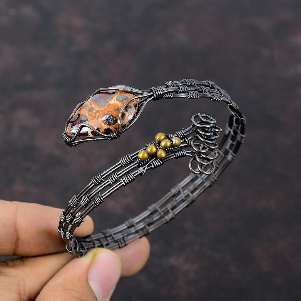 Bauxite Bangle Gemstone Bracelet Copper Wire Wrapped Adjustable Cuff Bracelet Copper Wire Wrap Jewelry Gift For Mom Handmade Designer Bangle