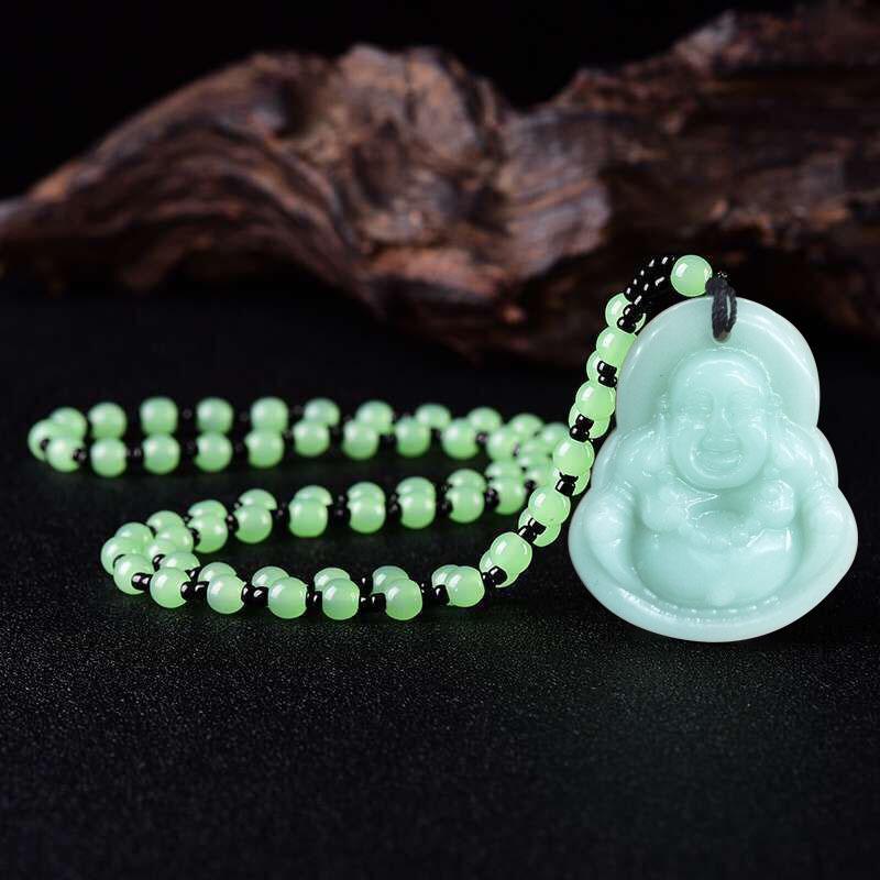 Ethnic Style Imitation Malachite Guanyin Buddha Sweater Chain Necklace for Men & Women