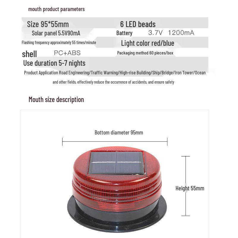 Solar-Powered LED Red-Blue Strobe Warning Light for Night Construction and Traffic