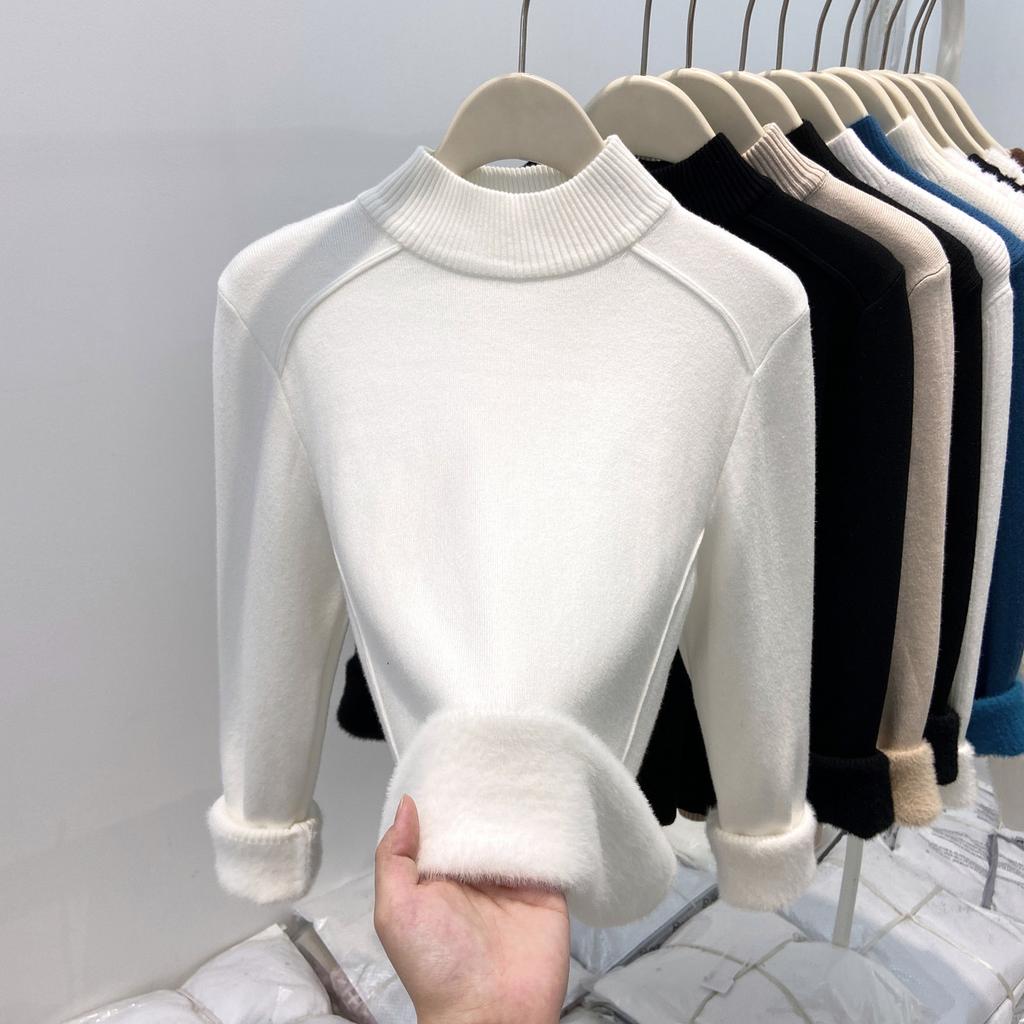 Fleece and Thickened Integrated Fleece Sweater Women's Soft Waxy Semi-turtleneck Bottoming Shirt Autumn and Winter Fish Bone Design Sense Inner Top
