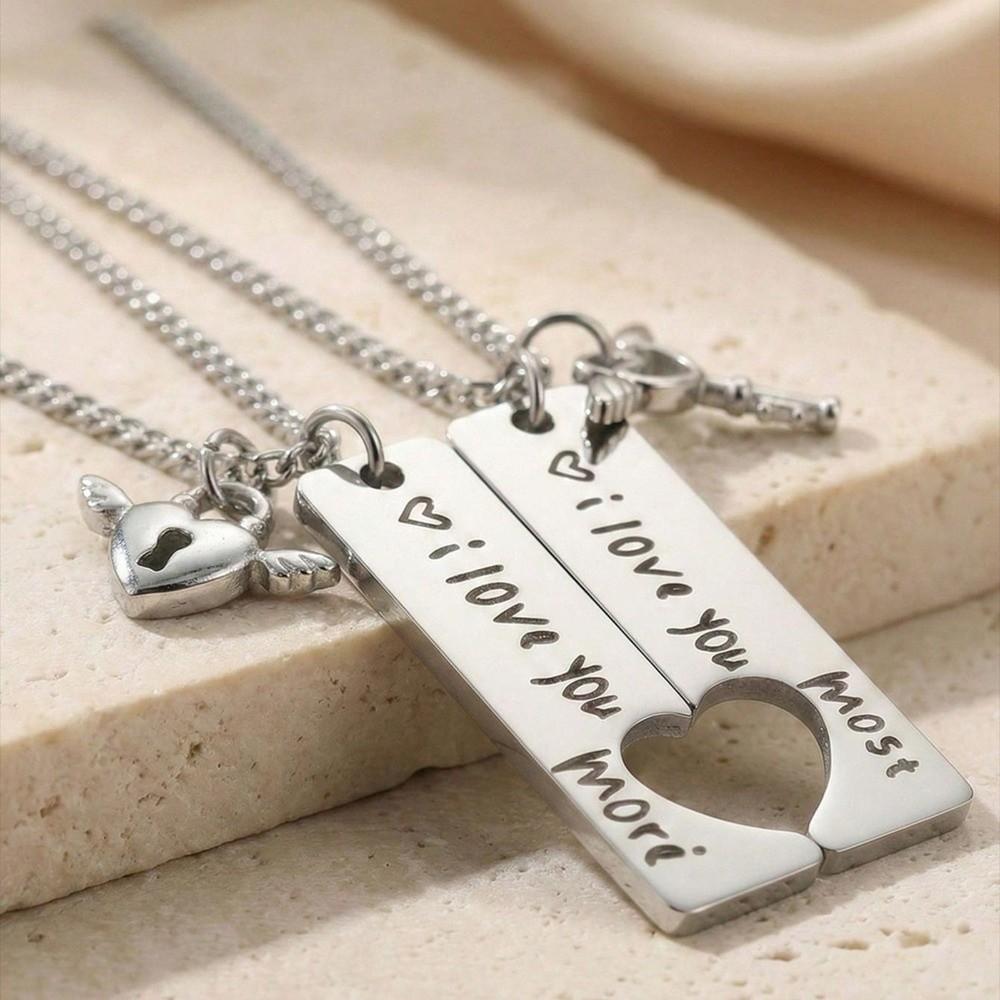 2pcs Stainless Steel Couple Necklaces Matching Puzzle Heart Lock Key Pendant  Valentine Day Gift