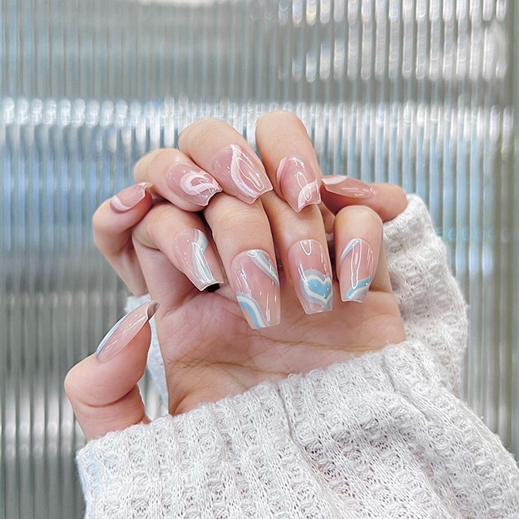 Женские накладные ногти среднего размера с рисунком телесного цвета на акриловых ногтях глянцевые накладные ногти с полным покрытием