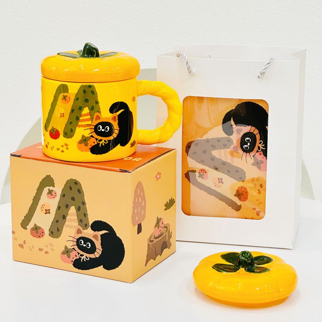 Открывающийся небольшой подарочный набор с крышкой в виде мультяшного кота, милая чашка для воды, набор для дома, керамическая чашка, высокая стоимость, маленькая оранжевая чашка