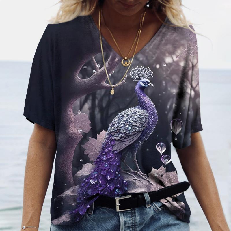 Роскошная женская футболка с рисунком павлина, летняя свободная женская одежда, большая блузка с v-образным вырезом, женские повседневные повседневные футболки с короткими рукавами