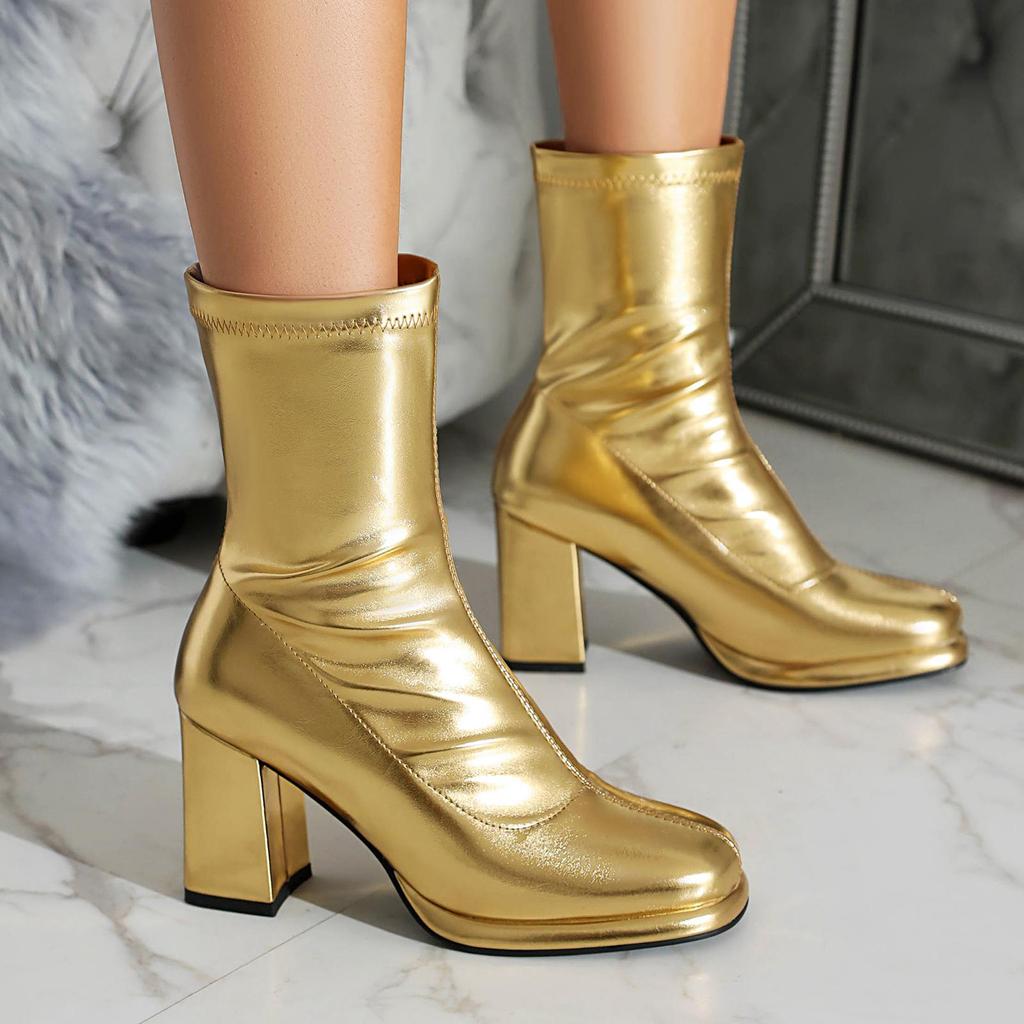 Krazing Pot PU Autumn Winter Shoes Super High Heels Platform Boots Square Toe Keep Warm Zipper Ankle Boots