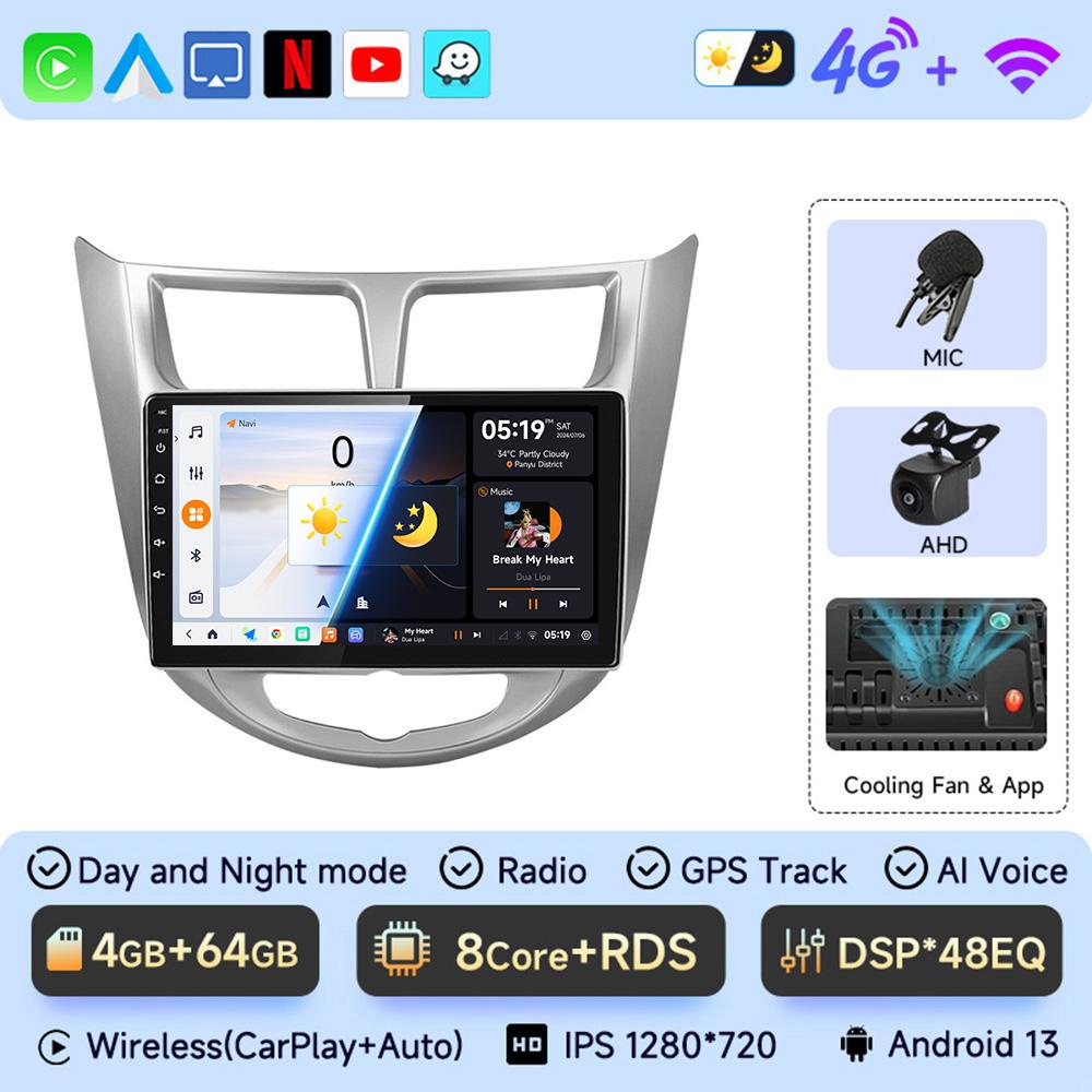 JIUYIN  Car Radio for Hyundai Solaris Verna Accent 1 2010 - 2016 Android 13 Carplay Multimedia Player 2 Din GPS 4G DVD Head Unit