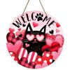 Welcome Valentine's Day Black Cat Front Door Sign, Kitty Pink Red Love Heart Wood Door Hanger Outdoor Outside Porch Decor, Anniversary Wedding Wooden