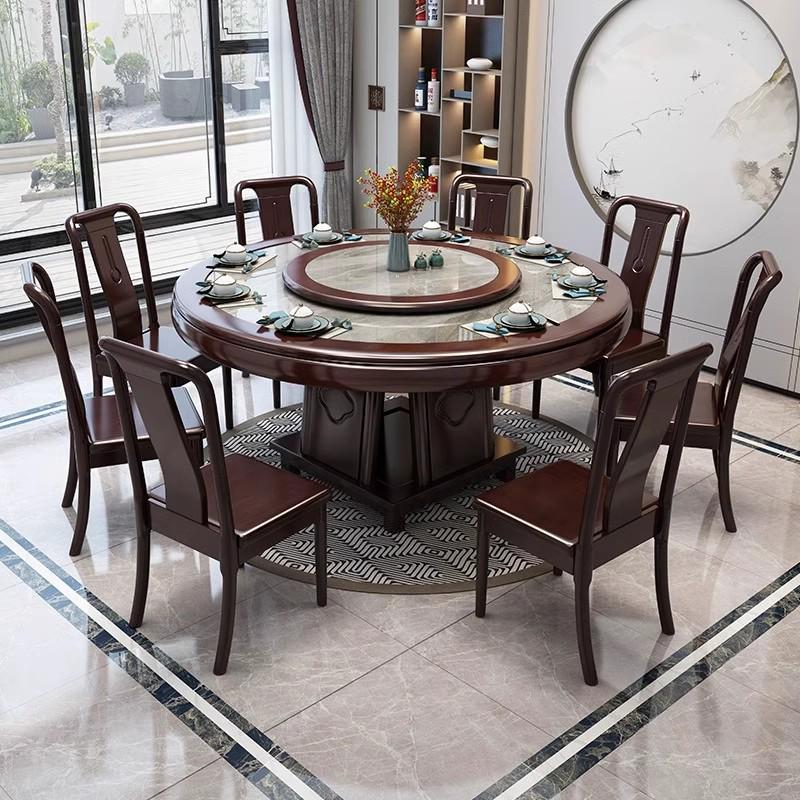 Modern Chinese Solid Wood Dining Set: 1.8m Round Table with Turntable and Chairs for Home or Hotel