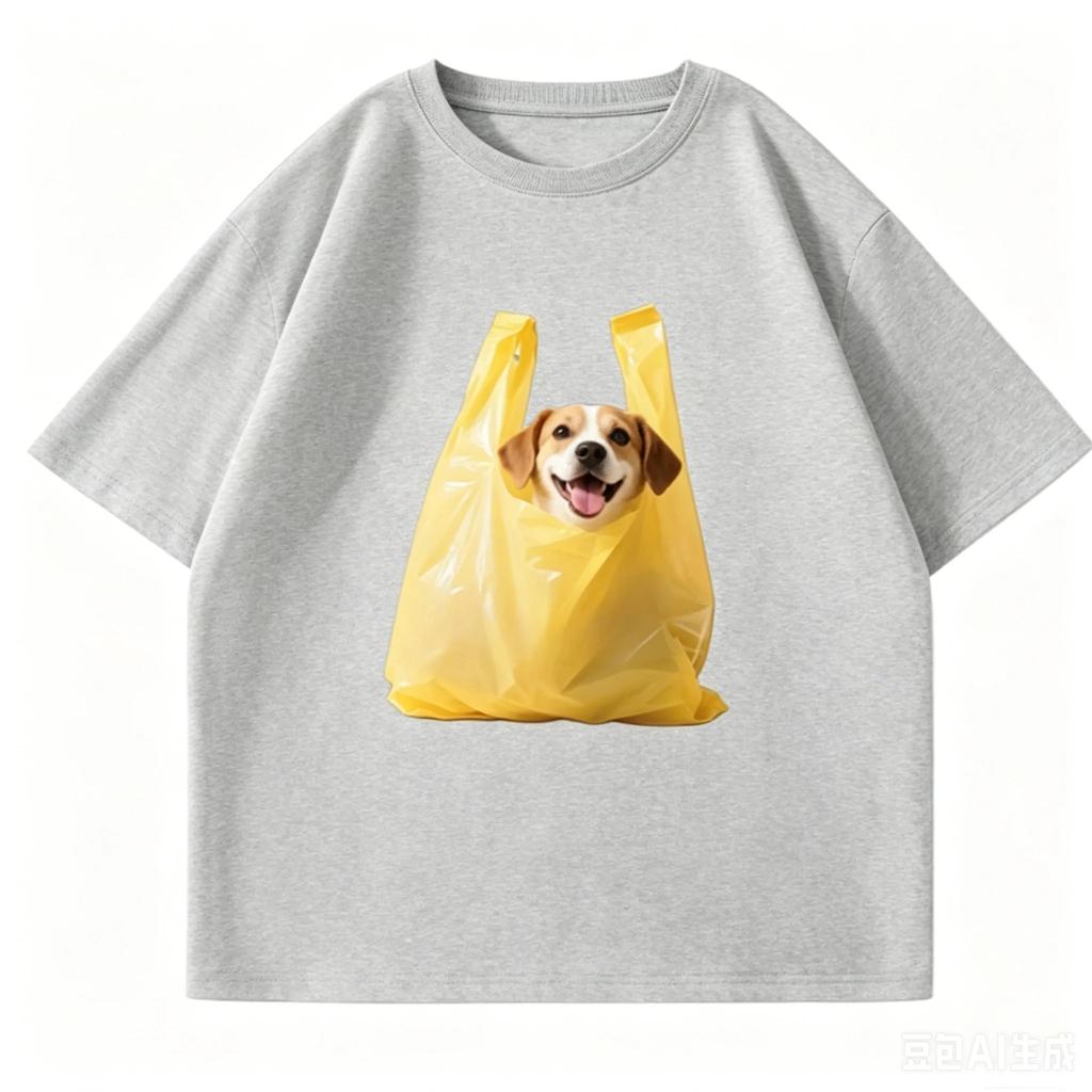 Cute Dog In Yellow Plastic Bag Graphic T Shirt Unisex Oversized Cotton Tee Funny Pet Animal Print Short Sleeve Streetwear Tshirt