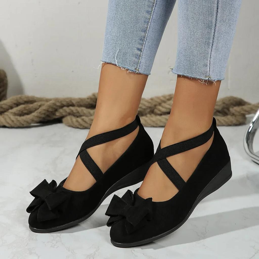 Summer Round Toe Comfortable Casual Bow Solid Color Retro Women's Shoes Shallow Mouth Breathable Light Wedge Platform Shoes