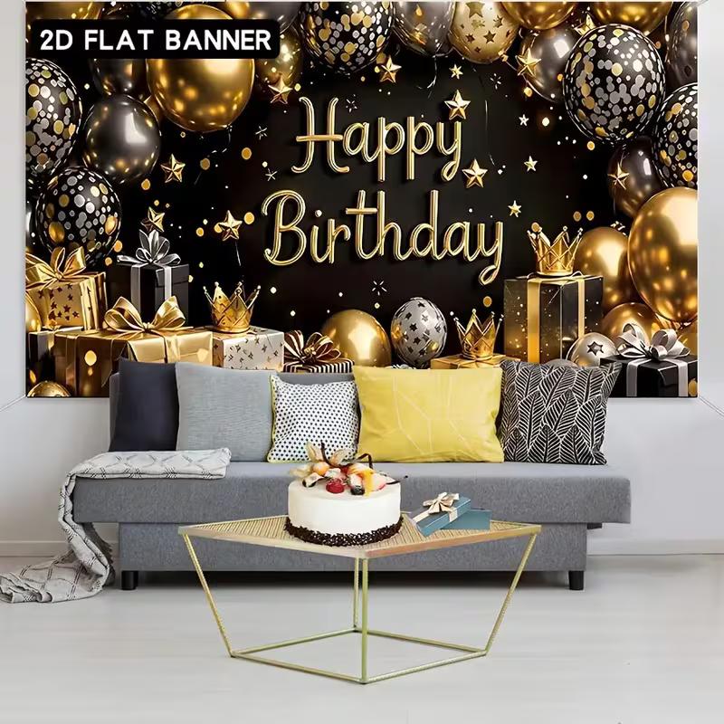 2D Luxury Black Gold Birthday Banner for Night & Adult Themed Parties