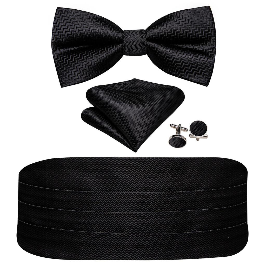 Barry.Wang Mens Cummerbund Belt and Bowtie Set Silk Pre Bow Tie Hanky Cufflink Set