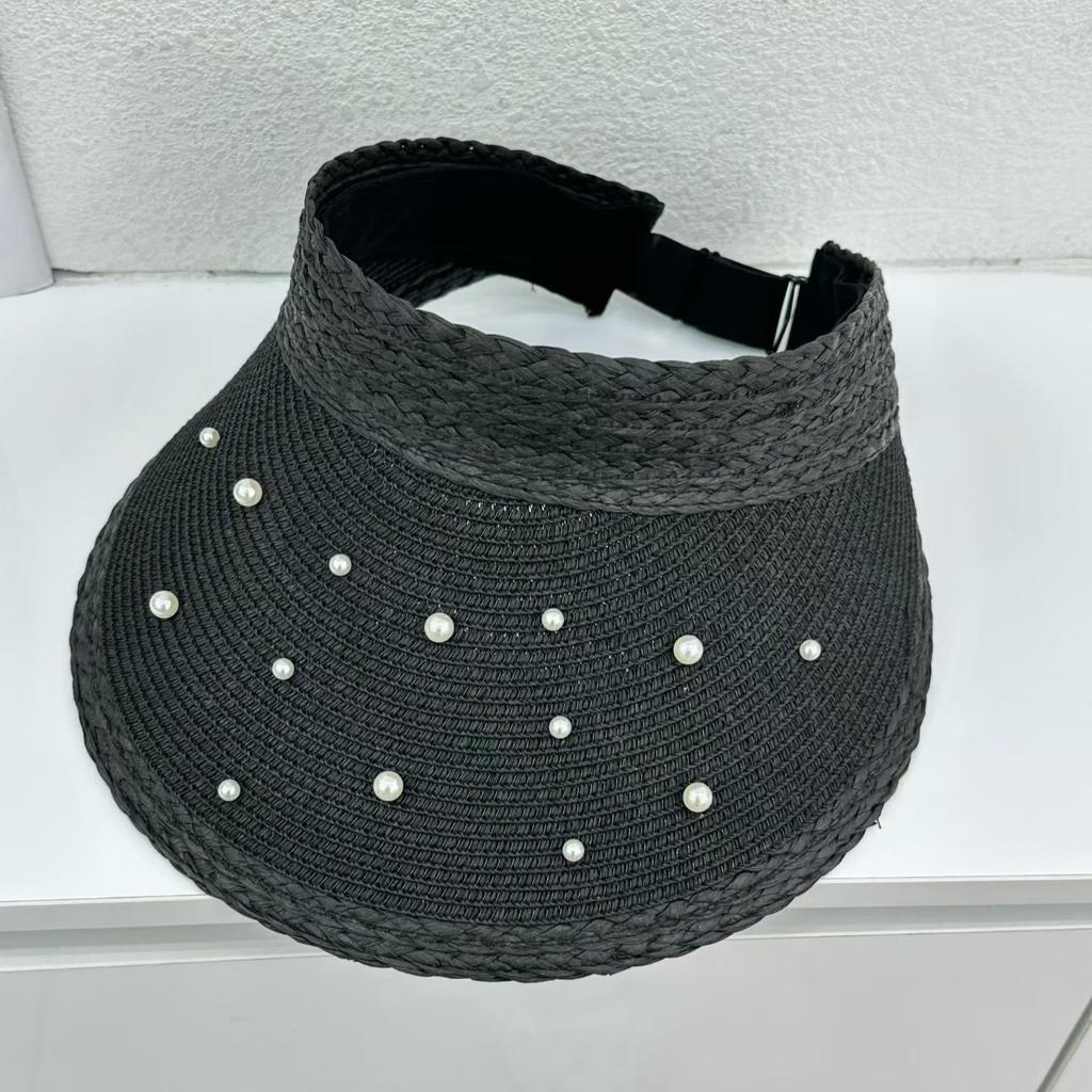 Summer outdoor sunscreen hat children fashion high sense pearl large brim straw hat seaside beach sunshade empty top hat