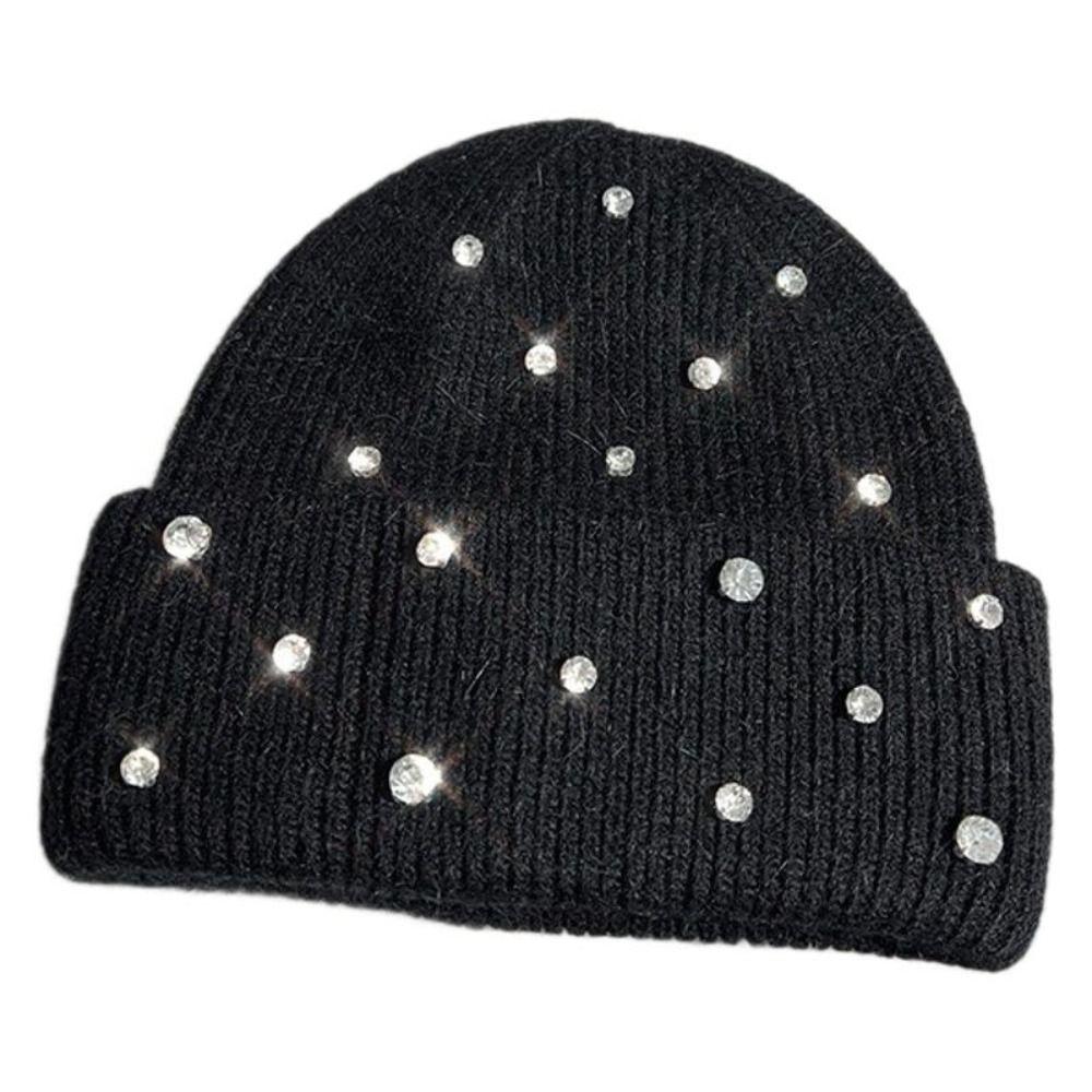 Rhinestone Beads Pullover Yarn Hat Rabbit Fur Warm Bonnet Beaanies Korean Wool Skullies Cap Women