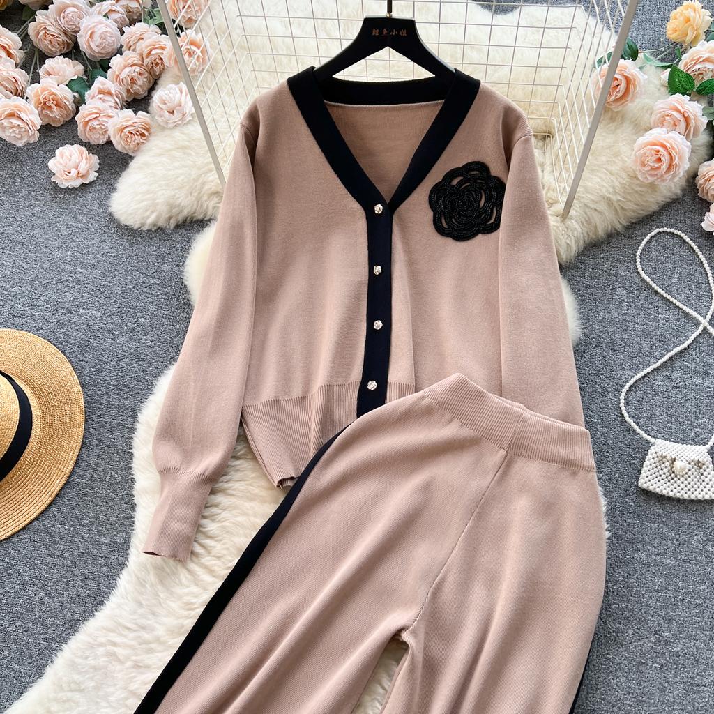 Высококачественный повседневный вязаный модный комплект знаменитостей для женщин, осенне-зимняя рубашка со свободными рукавами + драпированные брюки с высокой талией из двух предметов