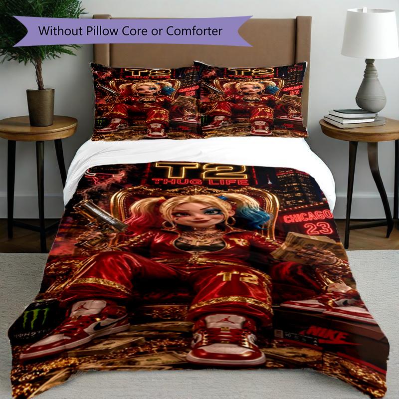 3pcs Duvet Cover Set (1*Duvet Cover + 2*Pillowcase, Without Core), Harley Quinn Joker Print Bedding Set, Bedroom Decor, All‑Season, Birthday Gift