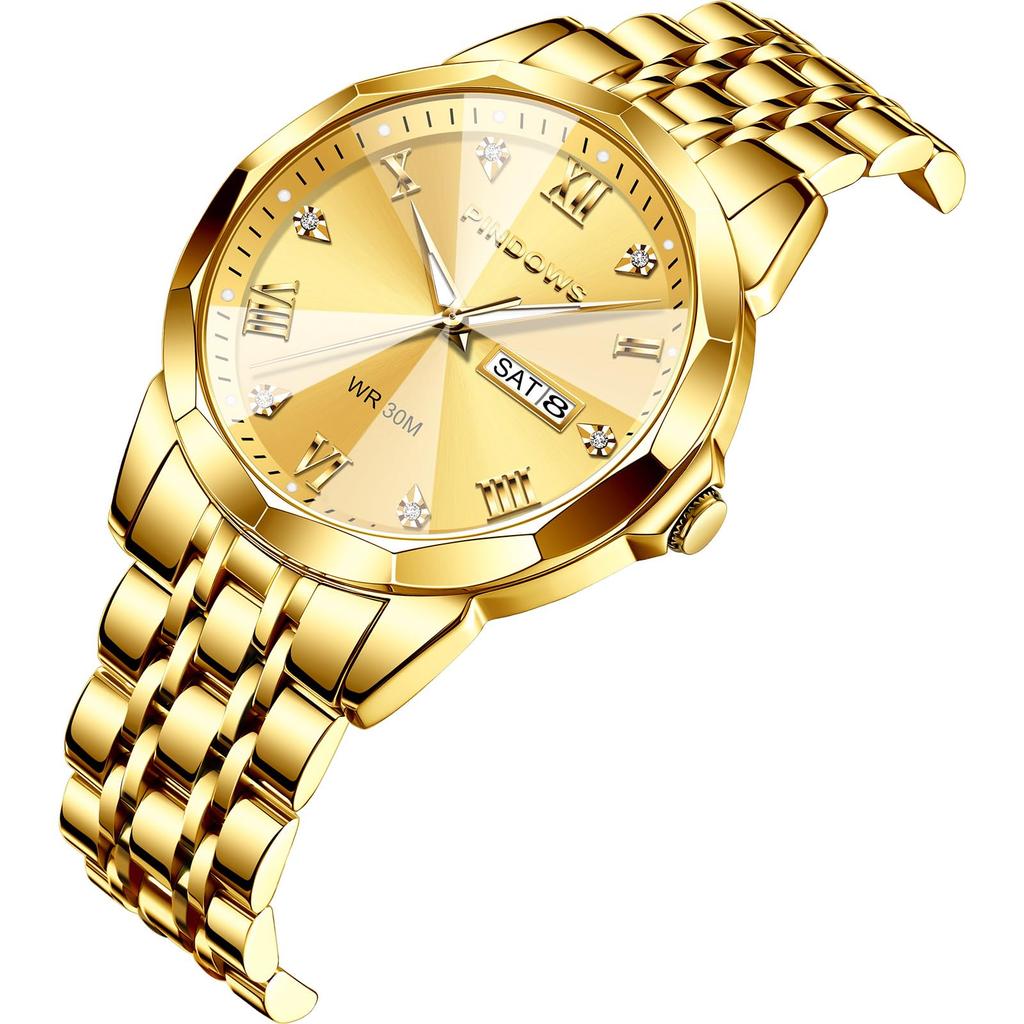 Часы PINDOWS с бриллиантами, деловые, аналоговые, кварцевые, роскошные, водонепроницаемые, с подсветкой, двухцветный браслет из нержавеющей стали, классические, модные, мужские