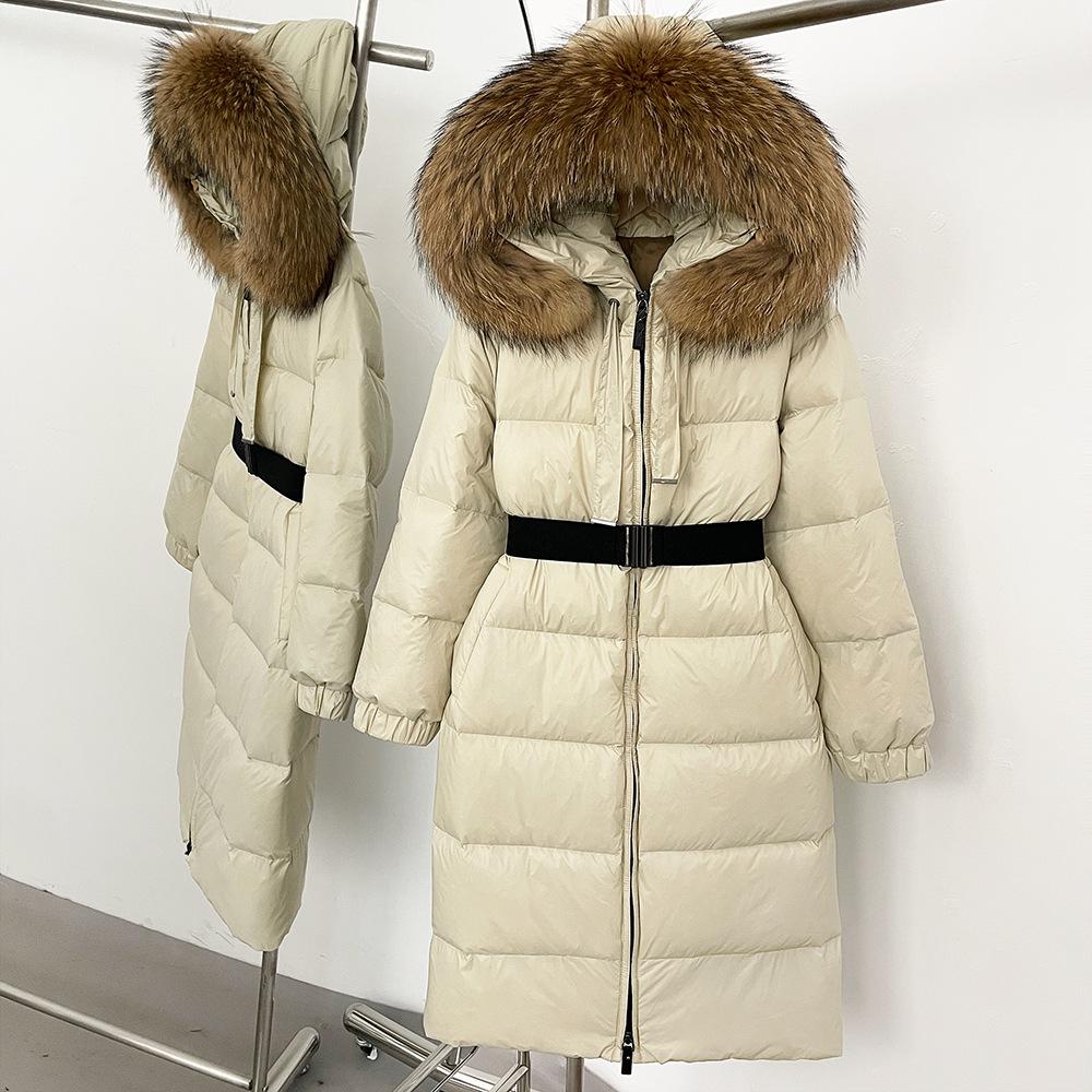 Spot winter new over-the-knee hooded long down jacket for women's high-end white duck down waist big fur collar down jacket