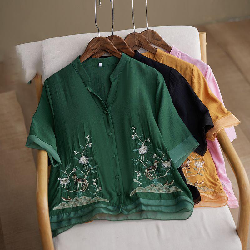 Летняя новая хлопково-льняная рубашка с коротким рукавом, ретро вышивкой, V-образным вырезом, свободный и тонкий топ, женская одежда