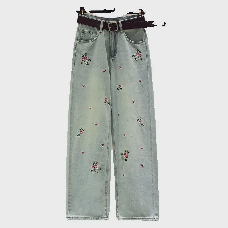 Весна 2024 г., ретро-джинсы с высокой талией и вышивкой, широкие джинсы для женщин