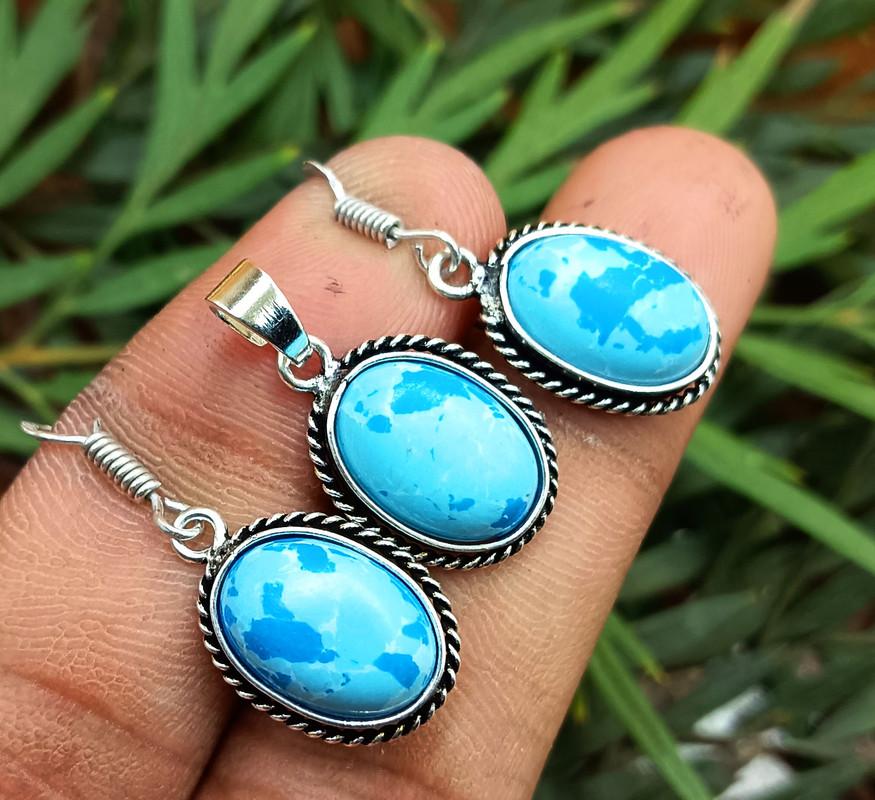 Awesome Larimar Gemstone 925 Sterling Silver Plated Unisex Earring & Pendant Set OM-40