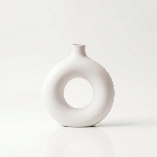 Round decorative vase with a hole, white, for flowers, minimalist
