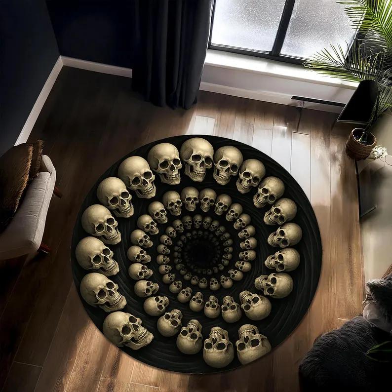 Gothic Skull Spiral Round Rug Dark Illusion Carpet Creepy Macabre Home Decor Halloween Skull Circle Floor Mat for Living Room