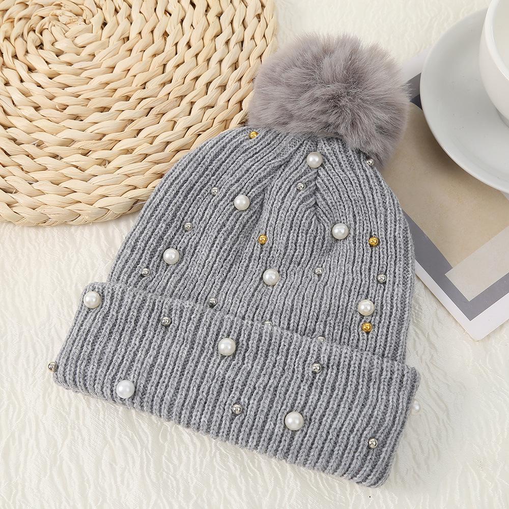 Korean Winter Pearl Rivet Pom Pom Woolen Hat for Women