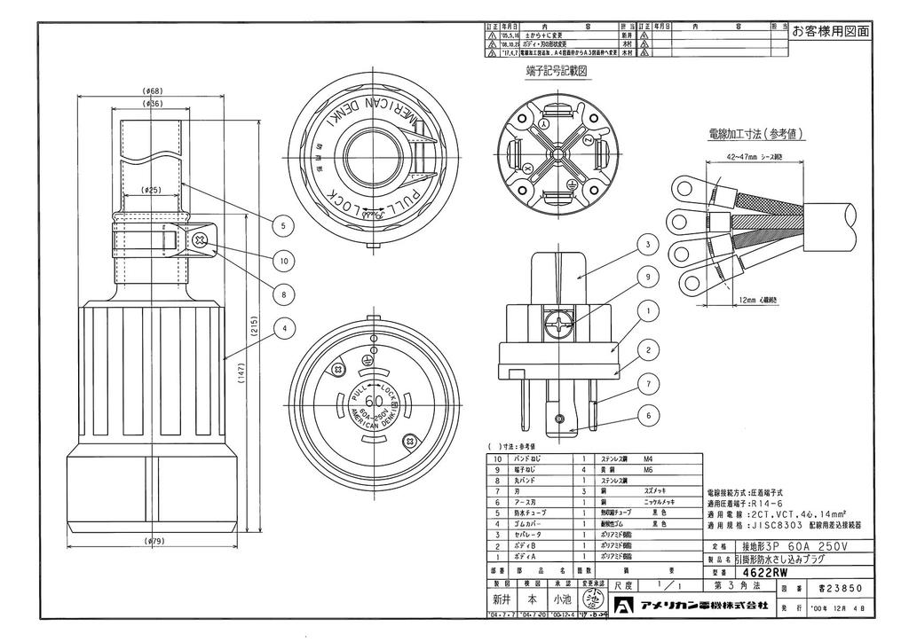 Американская электрическая водонепроницаемая вилка, с заземлением, 3-контактная, 60А, 250В, 4622RW