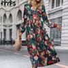 Women's Vintage Bohemia Summer Spring Long Sleeve V-Neck Casual Dresses