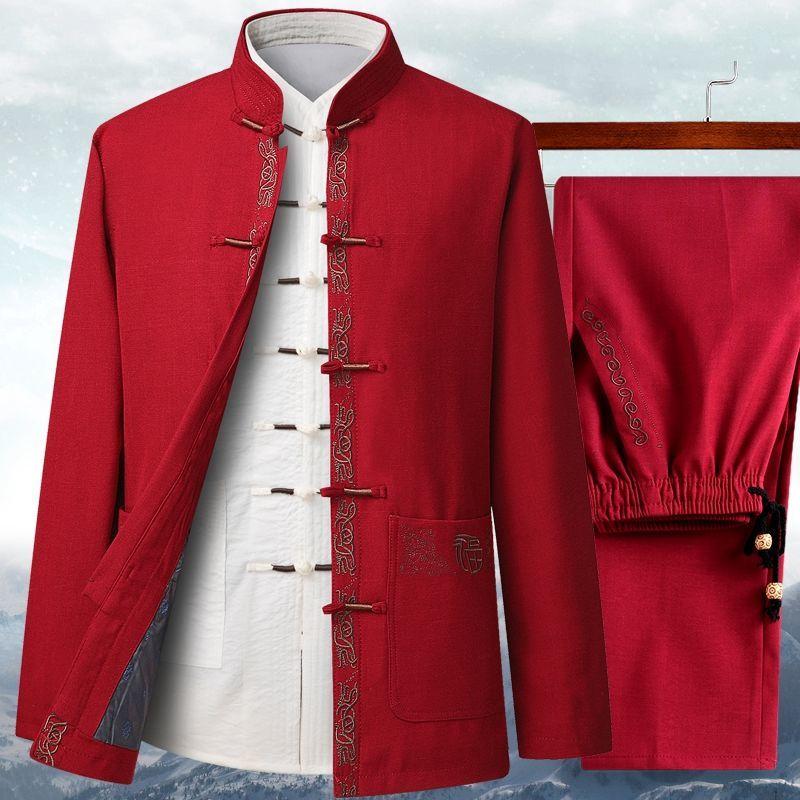 Китайский традиционный мужской костюм Тан, верх, брюки, ханьфу, восточная вышивка, комплекты одежды, повседневная форма для кунг-фу тайцзи