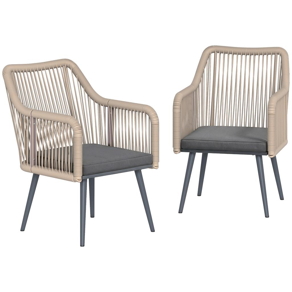 Set of 2 Garden Chairs with Cushions and Armrests, in Steel and PE Rattan, 54x65x80 cm, Dark Grey