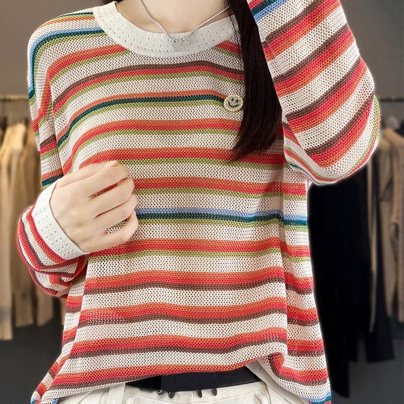 Women Sweaters Pullovers 2025 Autumn Winter Long Sleeve O-Neck Striped Knitted Sweater Women Tops Pullover JJ174