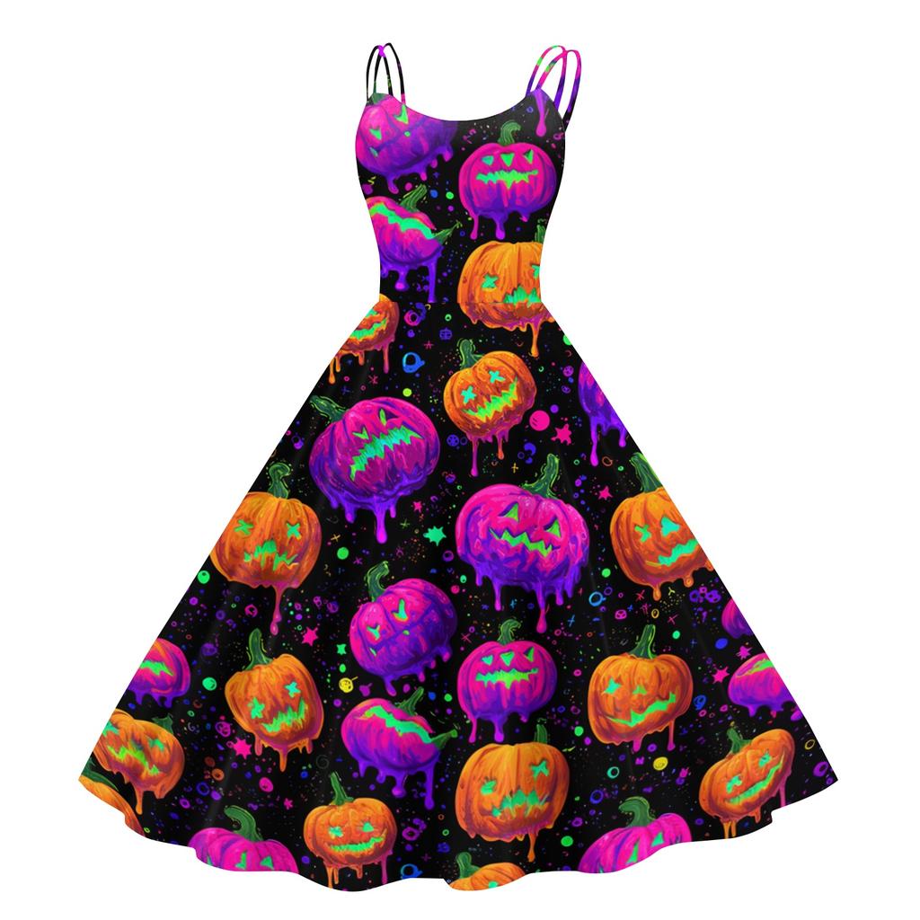 Women's Halloween Print Off Shoulder Dress Punk Vintage Style Sleeveless Spaghetti Strap Dress with Flared Skirt for Costume Party