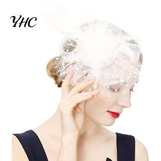 Pillbox Hat Beads Decor Dot Print Metal Clip Fascinator Hair Accessories Mesh Flower Feather Party Headwear