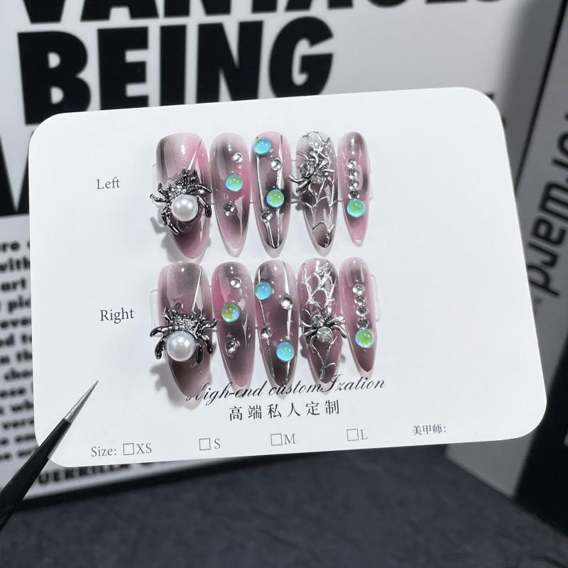 Handmade Press-On Nails With 3D Spider Design Gothic Style Medium-Long Length Halloween Party Women