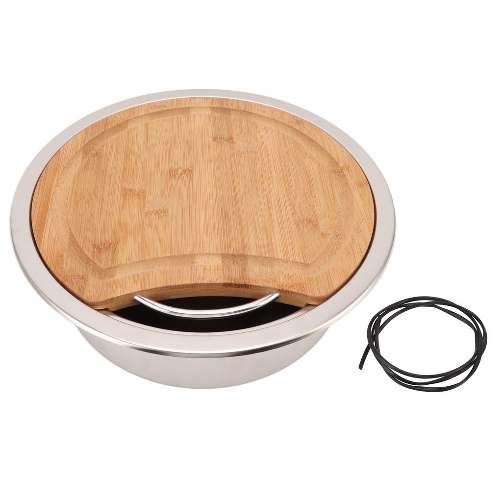 360x120mm 14.17x4.72in RV 304 Stainless Steel Sink Round Hand Wash Basin Sink with Bamboo Chopping Block for Boat