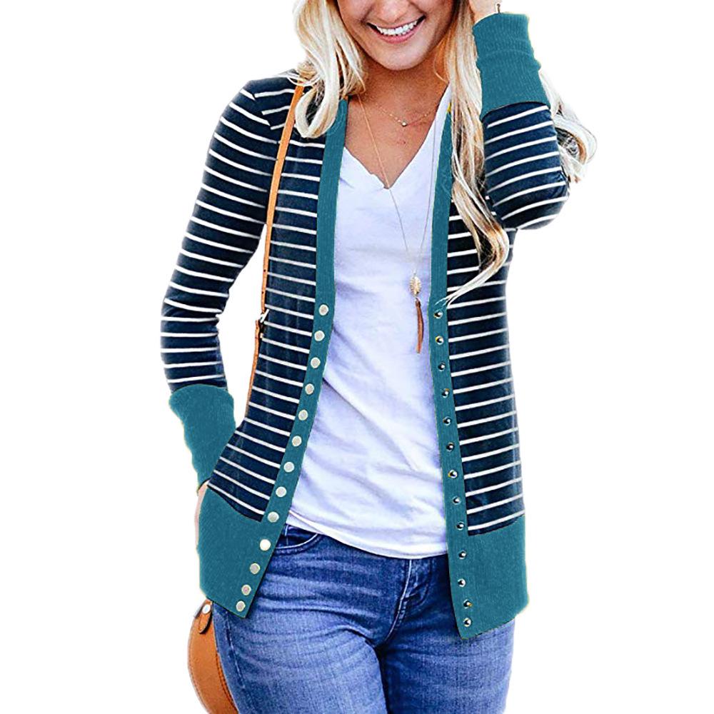 Women's Long Sleeve Ribbed Neckline Open Front Stripe Snap Button Down Knit Cardigans Sweater Coats