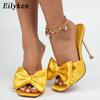 Fashion Eilyken New Arrival Silk Butterfly-knot High Heels Women Slippers Square Toe Mule Slippers Slides Party Pumps Shoes