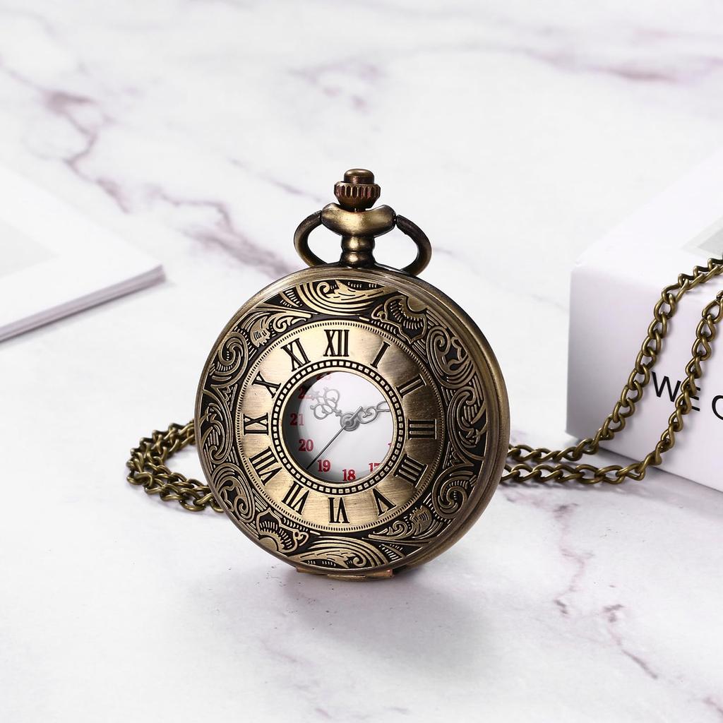 Pocket Watch Antique Roman Analog Display Waterproof Skeleton with Lid Pendant Necklace Pocket Watch with Chain Gold Retro Fashion Accessory