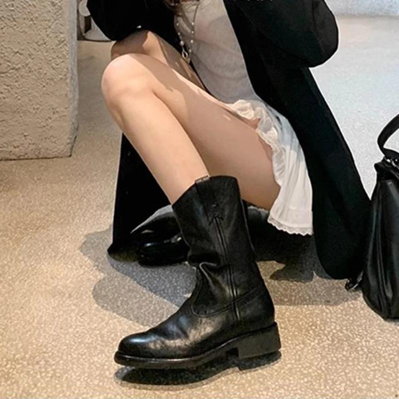 Модные женские ковбойские сапоги до середины икры, западные короткие вышитые сапоги с круглым носком на низком каблуке, слипоны, комфортные, для платья, присборенные ботильоны