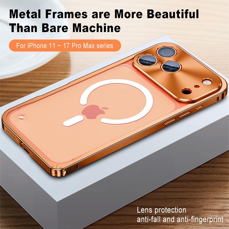 Metal Frame Magnetic Phone Case For iPhone 17 12 13 14 15 16 Pro Max Aluminum Alloy Full Lens Protection Cover For iPhone 16 Plating Metal Back Case