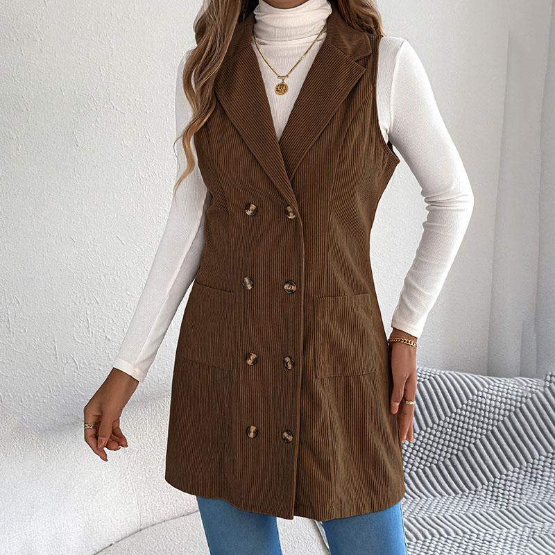 Autumn Winter Women's Corduroy Vest Solid Color Double-breasted Long Corduroy Vest Slim-fit Sleeveless Vest