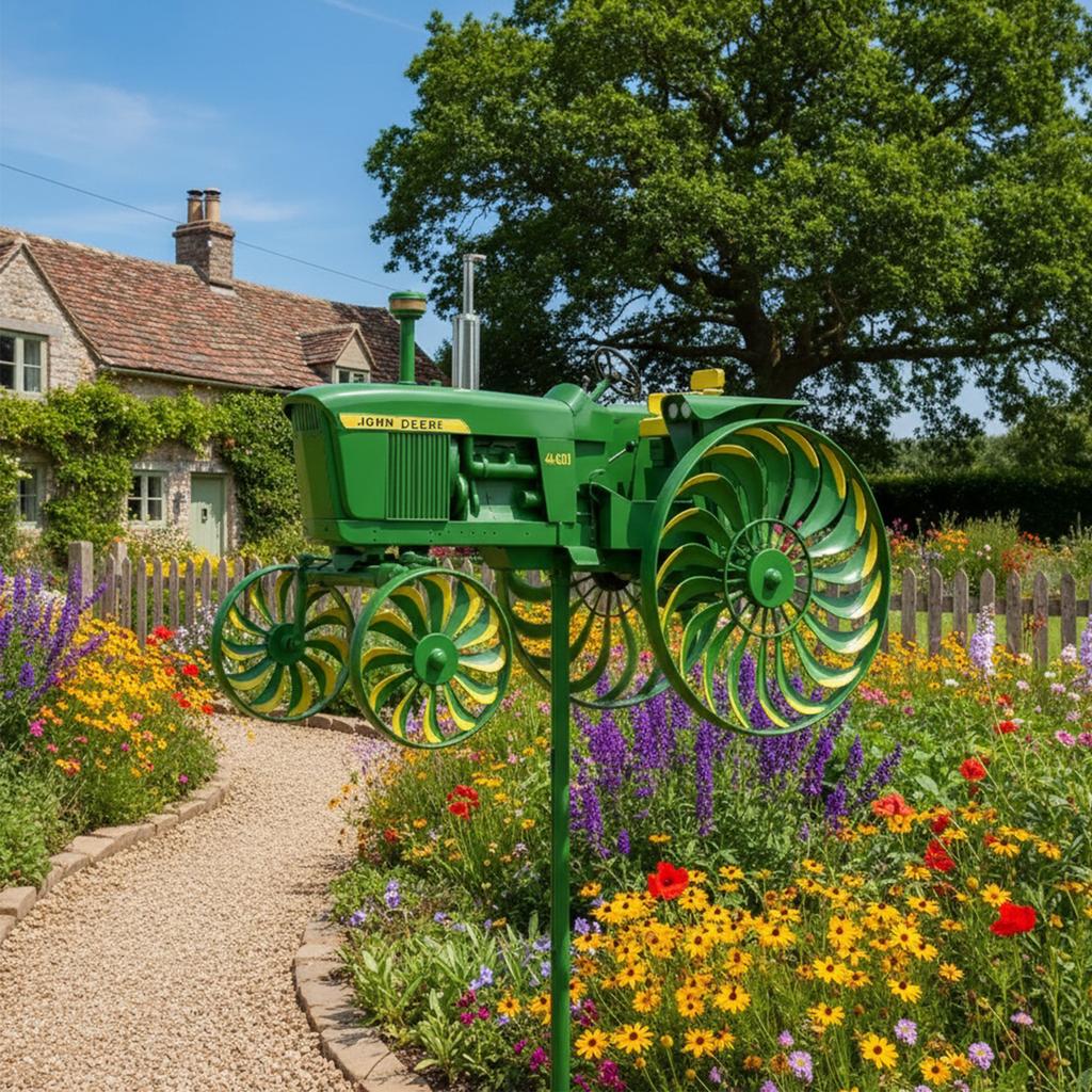 Farmhouse Tractor Wind Spinner – Garden Windmill Statue with Rotating Wheels, Rustic Metal Outdoor Decor for Yard or Courtyard