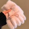 Women Fuzzy Thermal Gloves Fluffy Winter Thick Full Finger Gloves with Bows Solid Color Cute Warm Plush Gloves for Girls Cycling Daily Errands