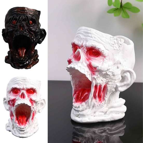 Cool Makeup Brush Cup Gothic Skull Pen Holder, Realistic Zombie Head Organizer, Large Capacity Desktop Style Beauty Tool Organizer Storage Container,