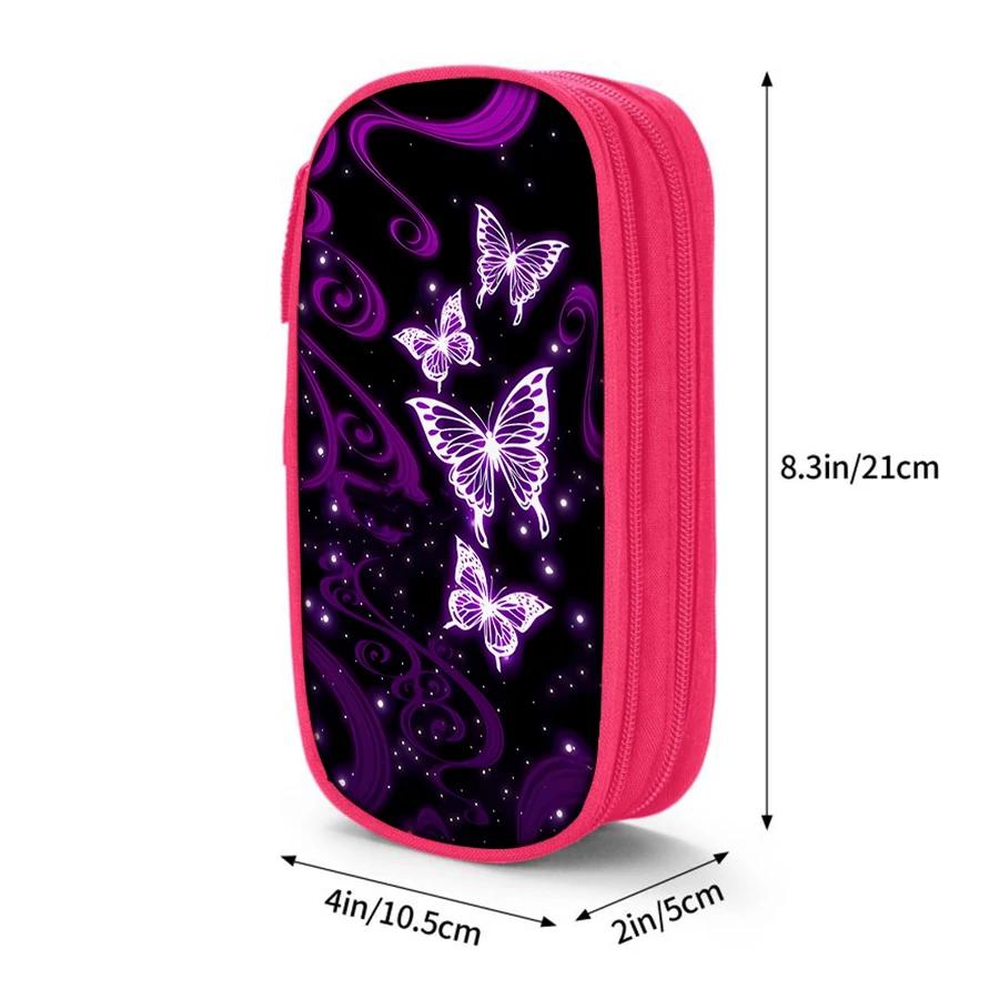 Purple Butterfly Pattern 3D Cartoon Pencil Case Multifunctional Double Layered Leather Pen Case Best Gift for Boys and Girls